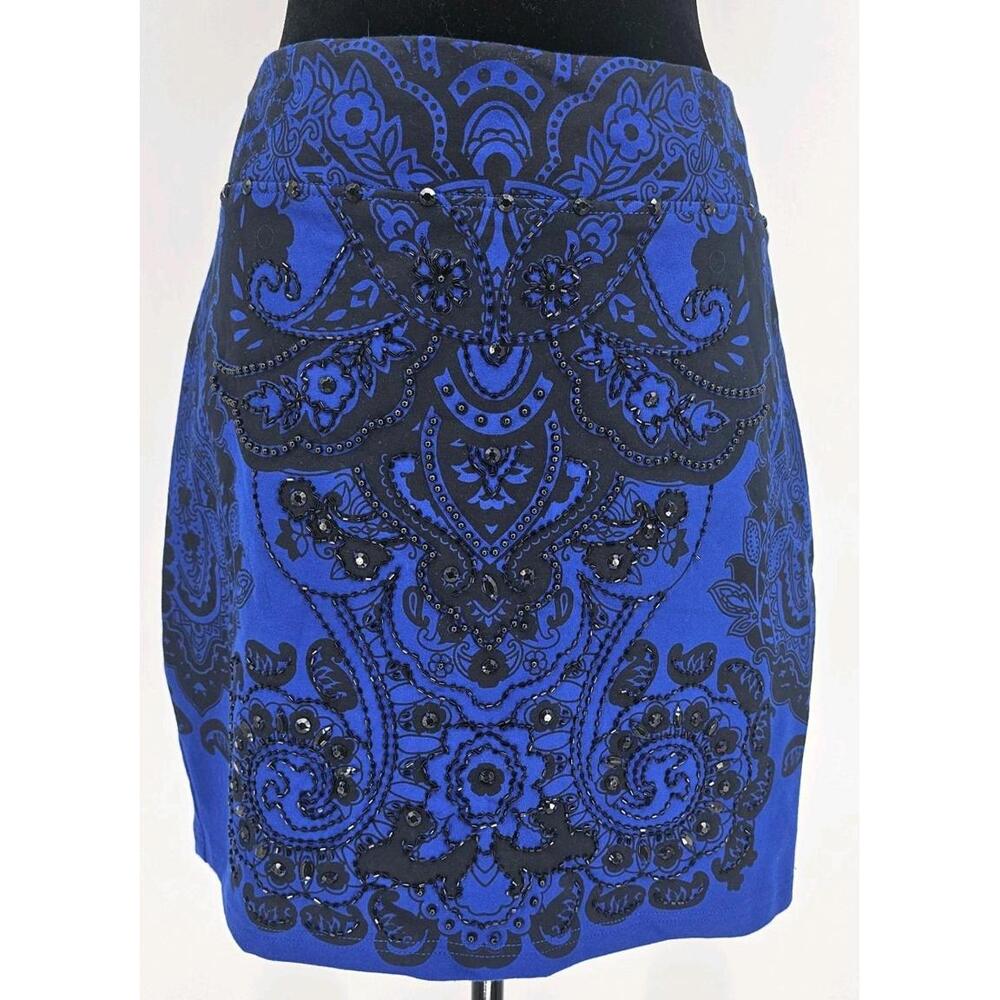 Anthropologie Basil Midi Skirt Blue Eclectic Embroider Floral‎ Bead Boho